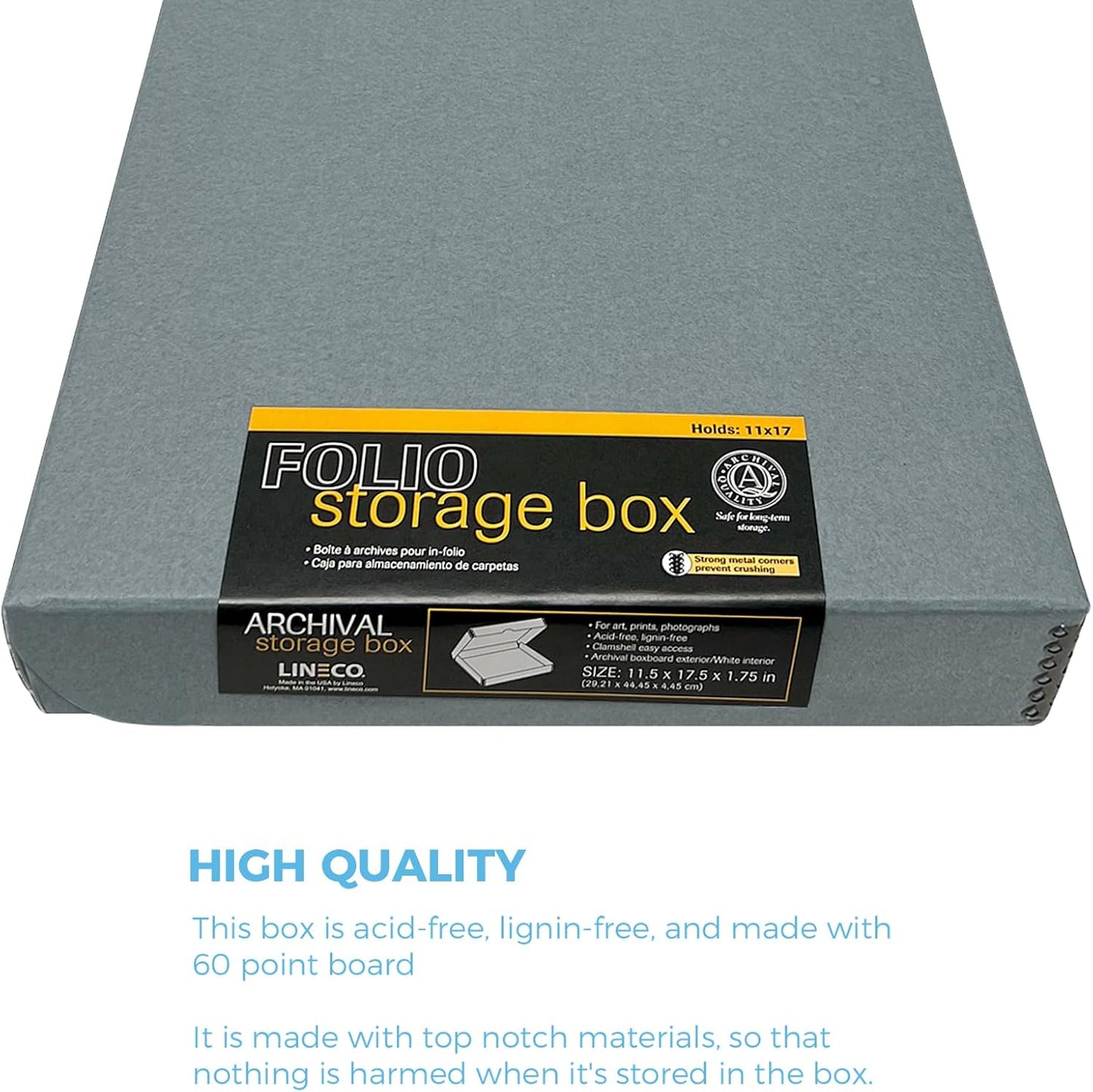 Lineco Folio Storage Box, Clamshell Design with Metal Edge. 11.5x17.5x1.75 Inches, Archival Boxboard, Preserve Photos, Cards, Magazines, Documents, Art, Ephemera, Family Records, Gray, Pack of 2