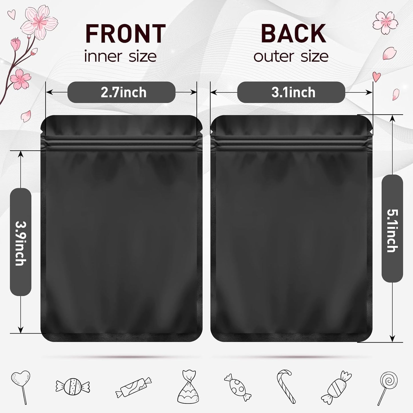 Funfery 100 Pack Black Mylar Packaging Bags Resealable Bags Double Sided Color Odor Proof Pouch Baggies Smell Proof Foil Bag for Food Storage,Small Business(Black,3.1x5.1inch)