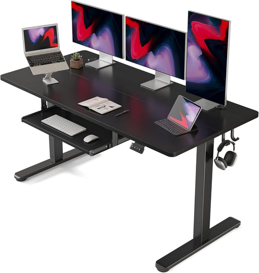 FEZIBO Standing Desk with Keyboard Tray, 60 x 24 Inch Adjustable Height Sit Stand Desk with Memory Presets for Home Office, Ergonomic Computer Workstation, Black