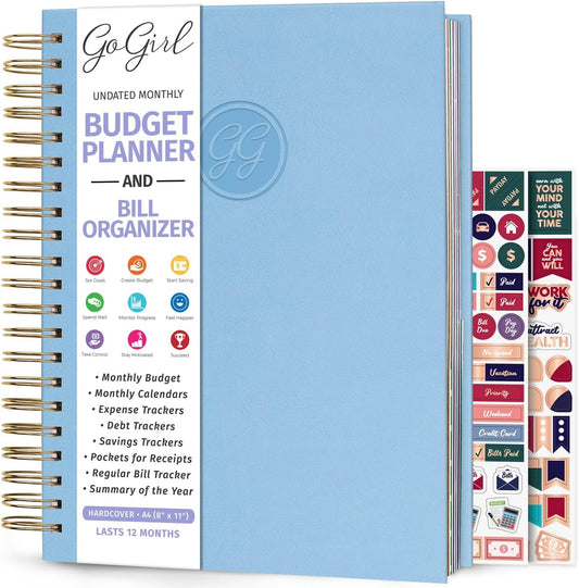 GoGirl Budget Planner & Monthly Bill Organizer – Monthly Financial Book with Pockets. Expense Tracker Notebook Journal, Large (Periwinkle)