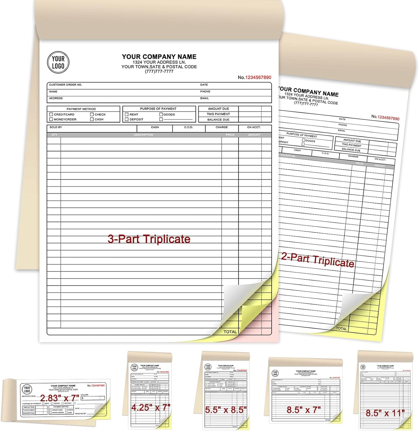 Custom Invoices Receipt Book for Small Business Personalized 3-Part Duplicate Carbonless Logo Receipt Books Sales Payment Forms with Company Name Address Phone Number 100 Sets 8.5" x 11"