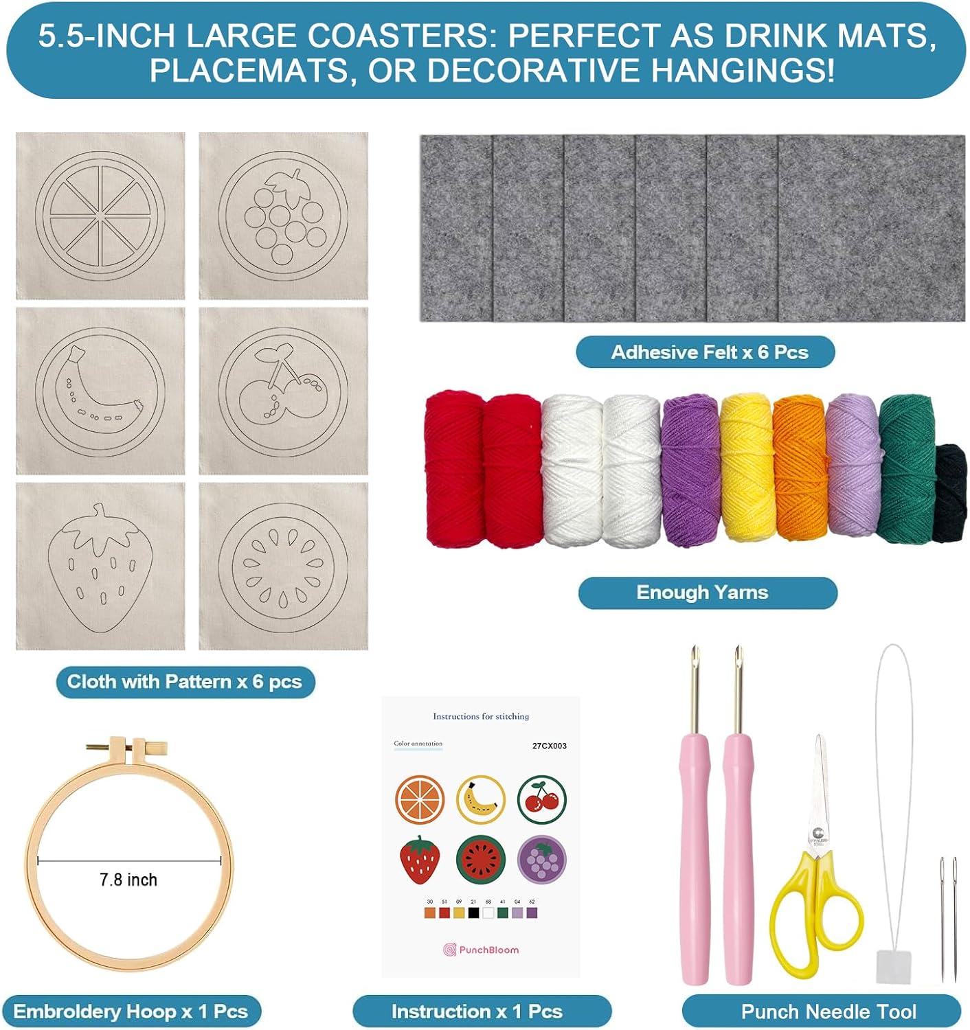 Punch Needle Kit for Adults Beginners, 6-Piece Cute Fruit Punch Coaster Starter Kit – Easy Embroidery Stitch Craft Set with Instructions – Fun Needle Point Tufting for Table Decor & Festival Gifts
