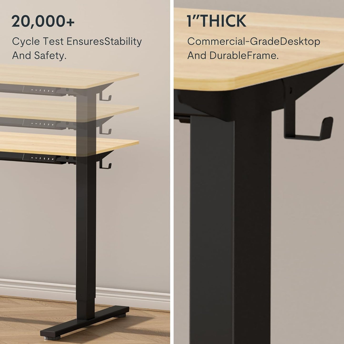 FLEXISPOT EN1 Whole-Piece Standing Desk 48" x 30" Electric Height Adjustable Stand Up Desk Frame w/Automatic Smart Keypad (Black Frame + Maple Top, 2 Packages)