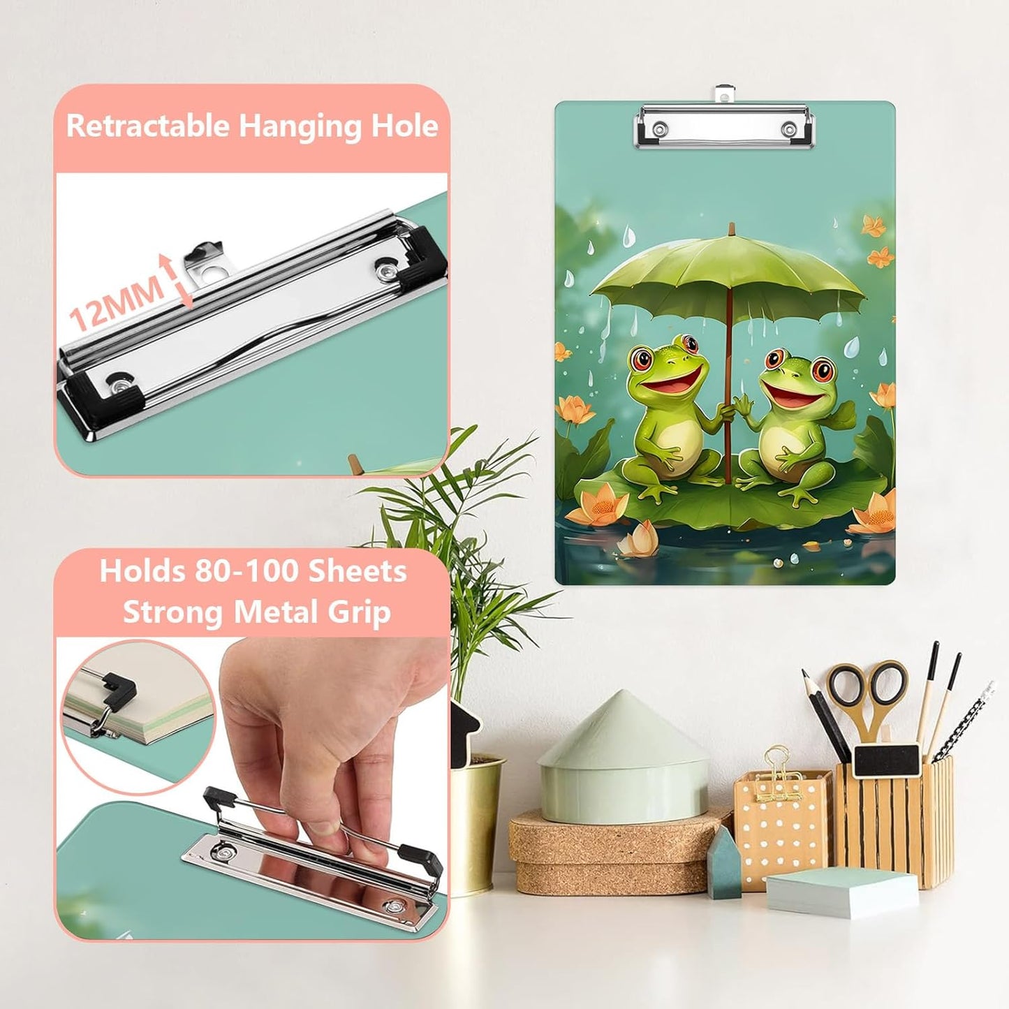 Cute Frog Lotus Leaf Plastic Clipboards,Cute Fashion Clipboard Decorative 8.5" x 12.5"Standard A4 Size Clipboards,Acrylic Clipboard for Teacher,Social Worker,Students,Nurse,Office Supplies
