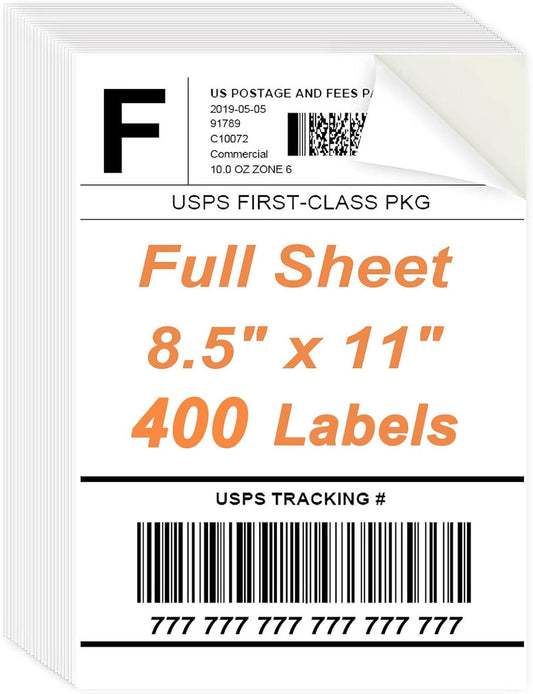 8.5" x 11" Sticker Paper for Inkjet Printers - 400 Sheets Full Sheet Shipping Labels Printable Full Page Labels 8.5×11 White Sticker Paper for Laser Printing - Matte