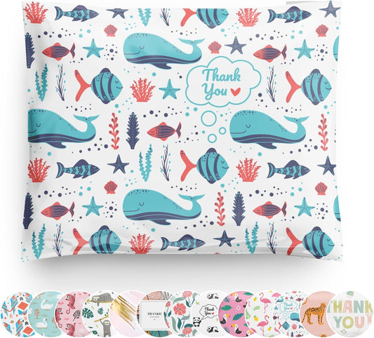 Poly Mailers 10x13 100 Pack | Self-Sealing Shipping Bags Envelopes for Small Business | Waterproof Durable Packaging | Thank You | Whale Fish Blue Sea Beach | à la mode Mailers