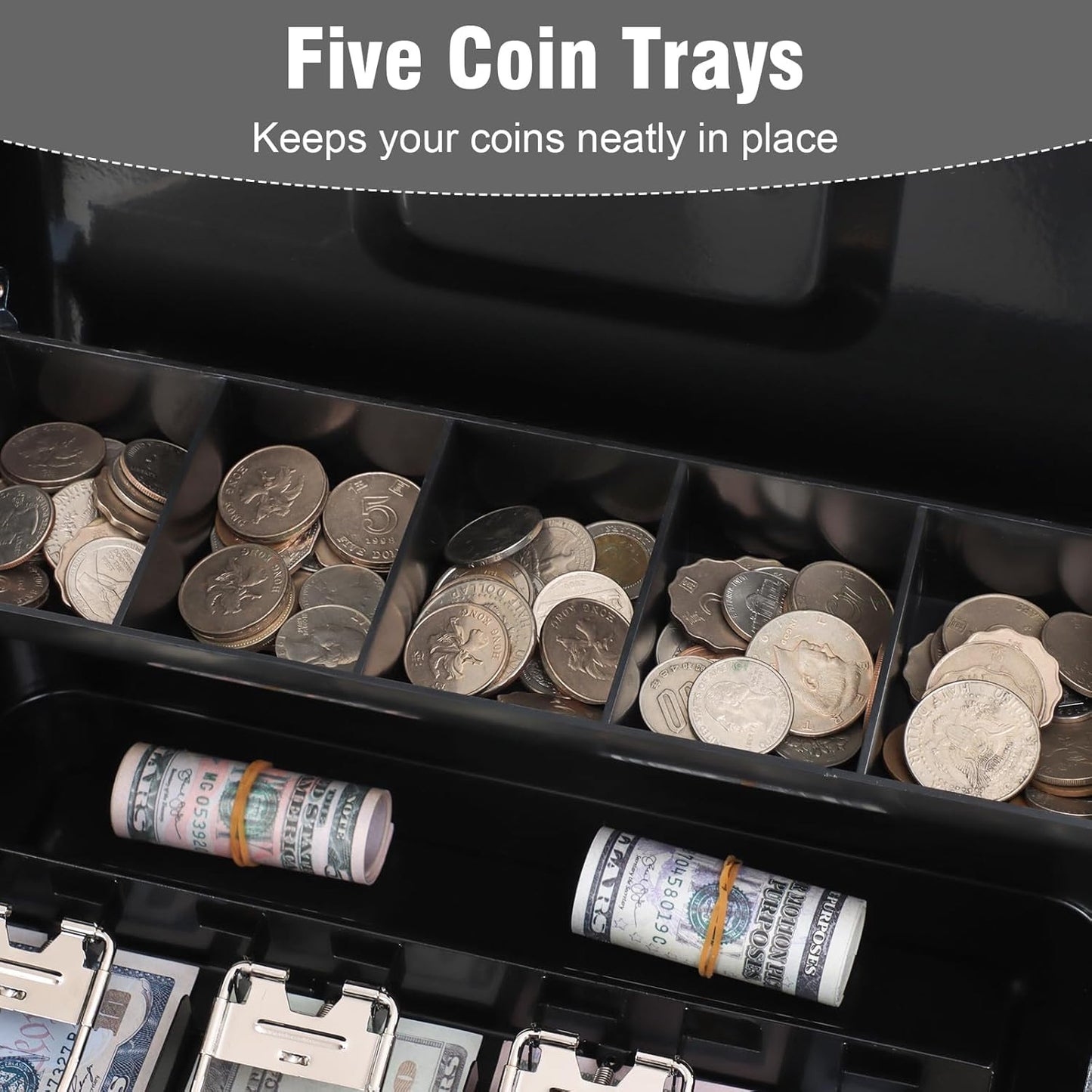 KYODOLED Locking Cash Box with Top Lock,Money Box with Cash Tray,4 Bill/5 Coin Slots,Lock Safe Box with Key,Money Saving Organizer,11.81Lx 9.45Wx 3.54H Inches,Black XL Large