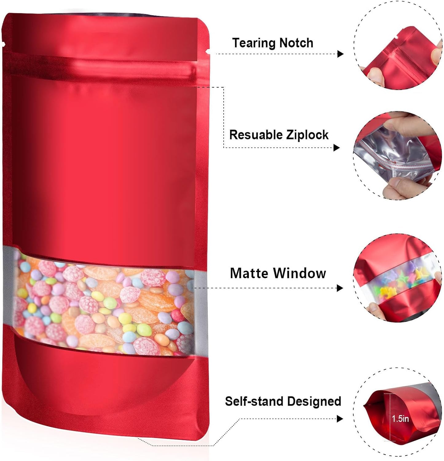 5.5"x7.8" 120pcs Mylar Bags for Food Storage,Smell Proof Bag with Matte Window Resealable Food Storage Bags for Small Business, Stand-up Foil Pouch Packaging Freeze Dried Candy Bag（Red）