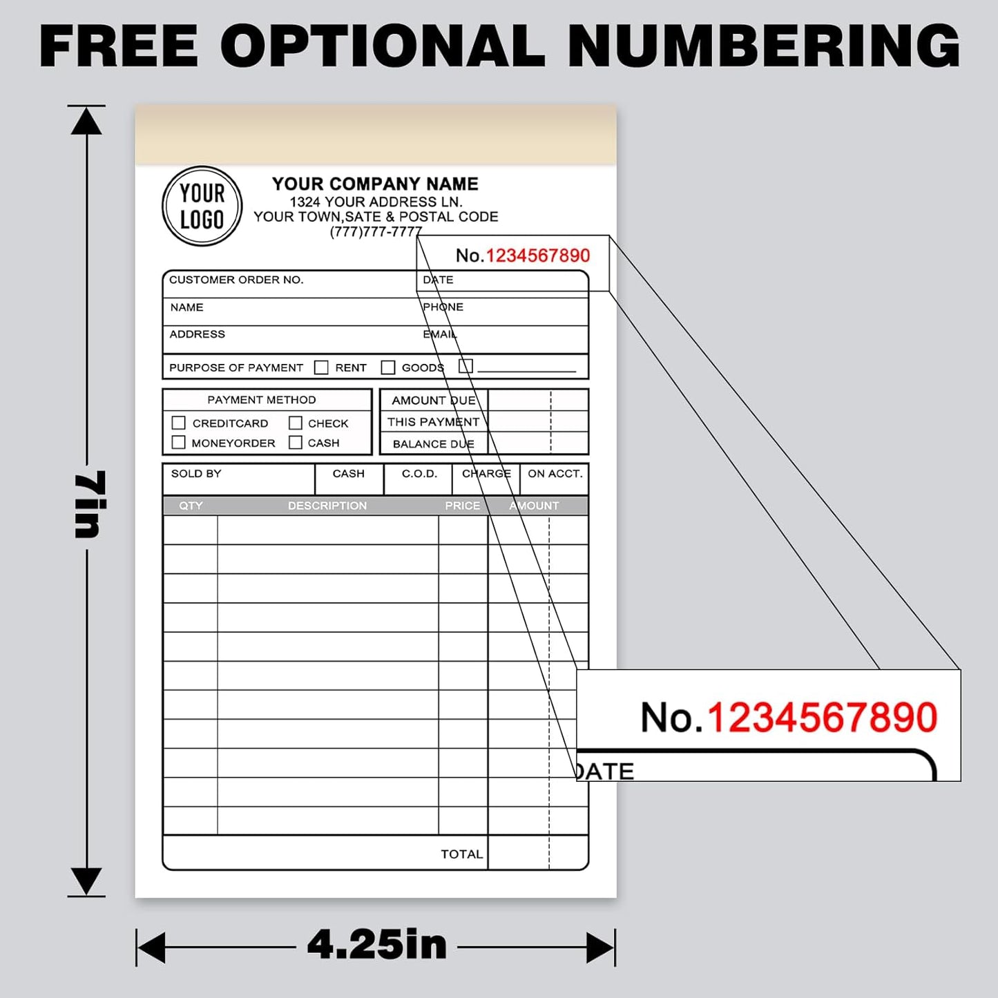 Custom Sales Invoice Personalized Carbonless NCR Forms with Company Name/Logo Personalized Invoice, Receipt Book, Work Sales Purchase Orders, Estimates, Quote Forms 4.25" x 7" - 3 Part(150 Sets)