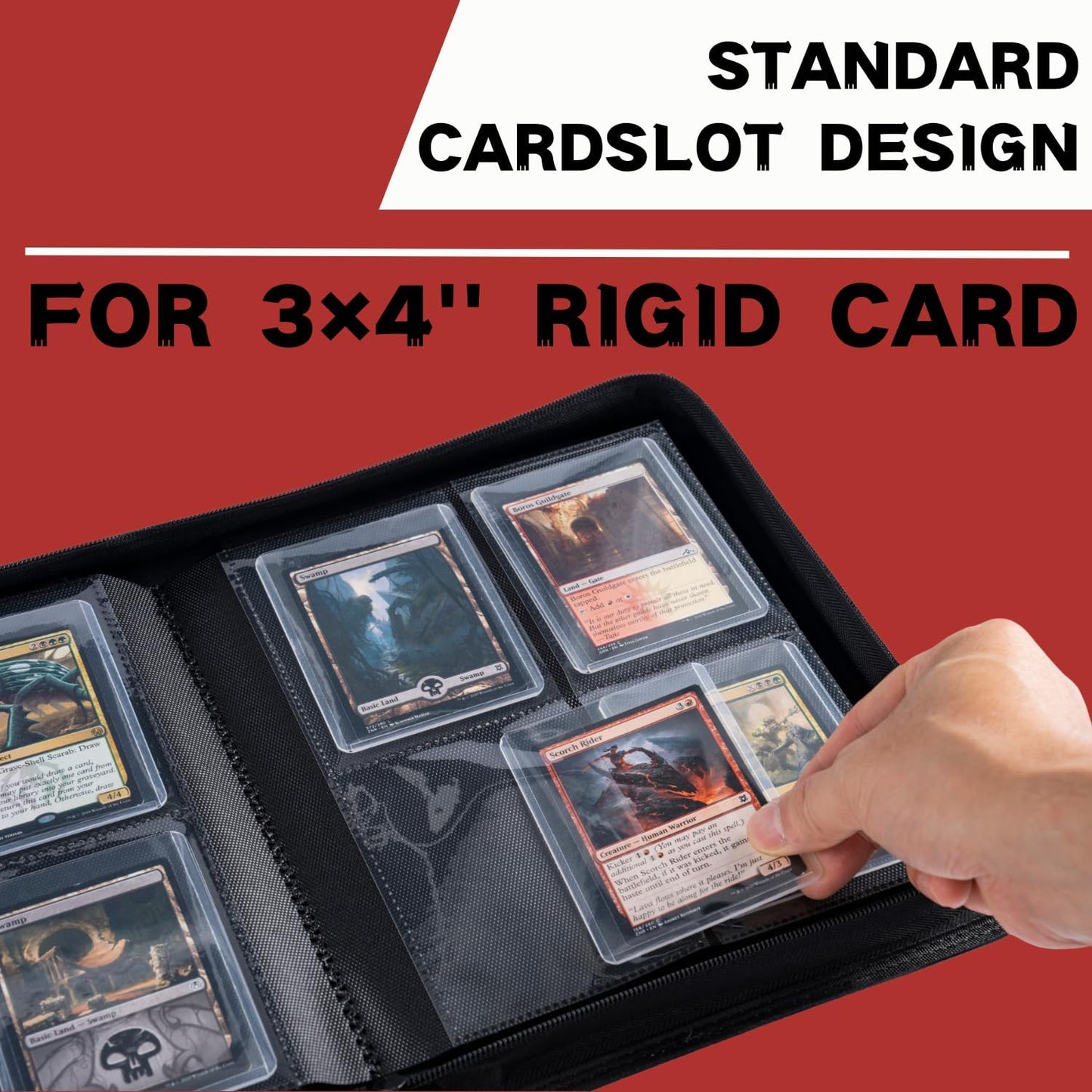 Toploader Binder, Holds 128+ Toploaders, 4 Pocket Top Loader Card Storage Case, Double-Sided Pockets for trading card in 3 x 4'' Toploaders（Red）