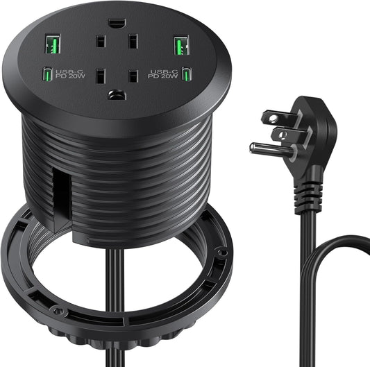 3 inch Desktop Power Grommet with PD 20W USB C,Furniture Recessed Power Strip,2 Outlets,4 USB Ports,40W Total,Flush-Mount for Desktop, Workspace Essential Desk Outlet (Black, 3 FT Cable)