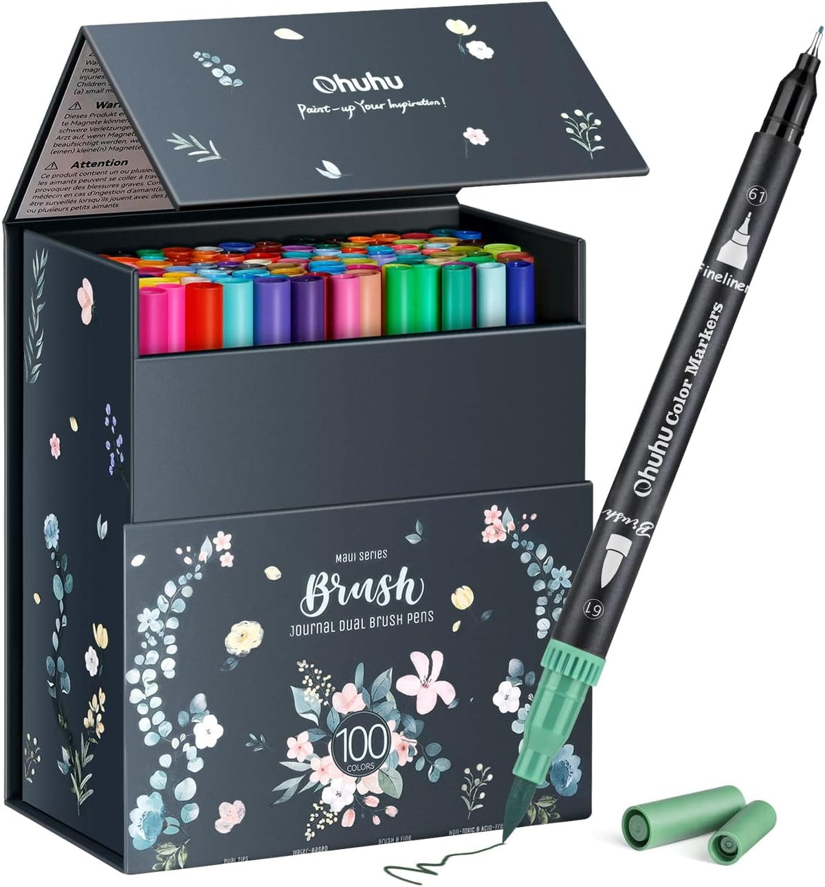 Ohuhu Markers for Adult Coloring Books No Bleeding 100 Colors Coloring Markers Water-based Dual Tips Fineliner & Brush Drawing Pens Art Pens for Kids Adults Sketch Journal - Maui - Black
