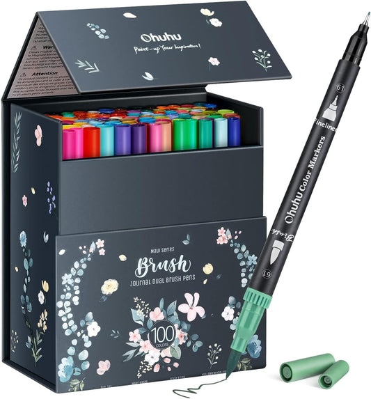 Ohuhu Markers for Adult Coloring Books No Bleeding 100 Colors Coloring Markers Water-based Dual Tips Fineliner & Brush Drawing Pens Art Pens for Kids Adults Sketch Journal - Maui - Black
