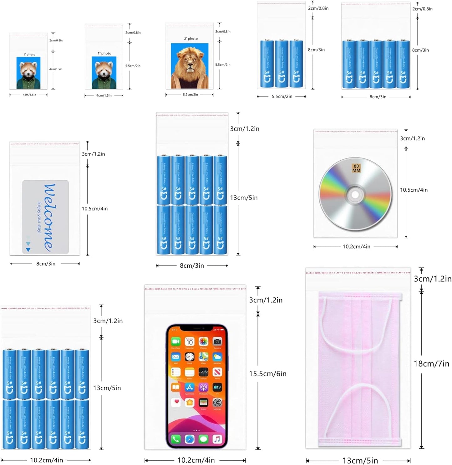 300pcs Self Sealing OPP Poly Bags 3 x 4" Cello Plastic Poly Bags 50µm Clear Resealable Cellophane Bags for Jewelry Earrings Candies Bakery Candle Soap Cookie(11 Sizes for Choosing)