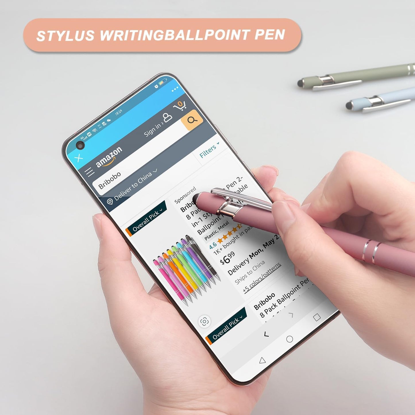 Bribobo Ballpoint Pen 2-in-1 Stylus Retractable Ballpoint Pen with Stylus tip, Metal Stylus Pen for Touch Screens, 1.0 mm Black Ink (Pastel Color) 6 Pack
