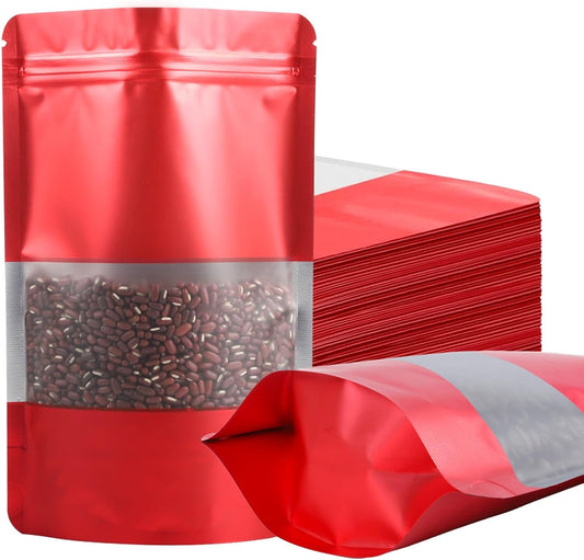 100 Pack Smell Proof Bags, Resealable Red Mylar Bags with Matte Window, Foil Pouch Stand Up Sealable Bags for Packaging, 6.29 × 9.44 Inch
