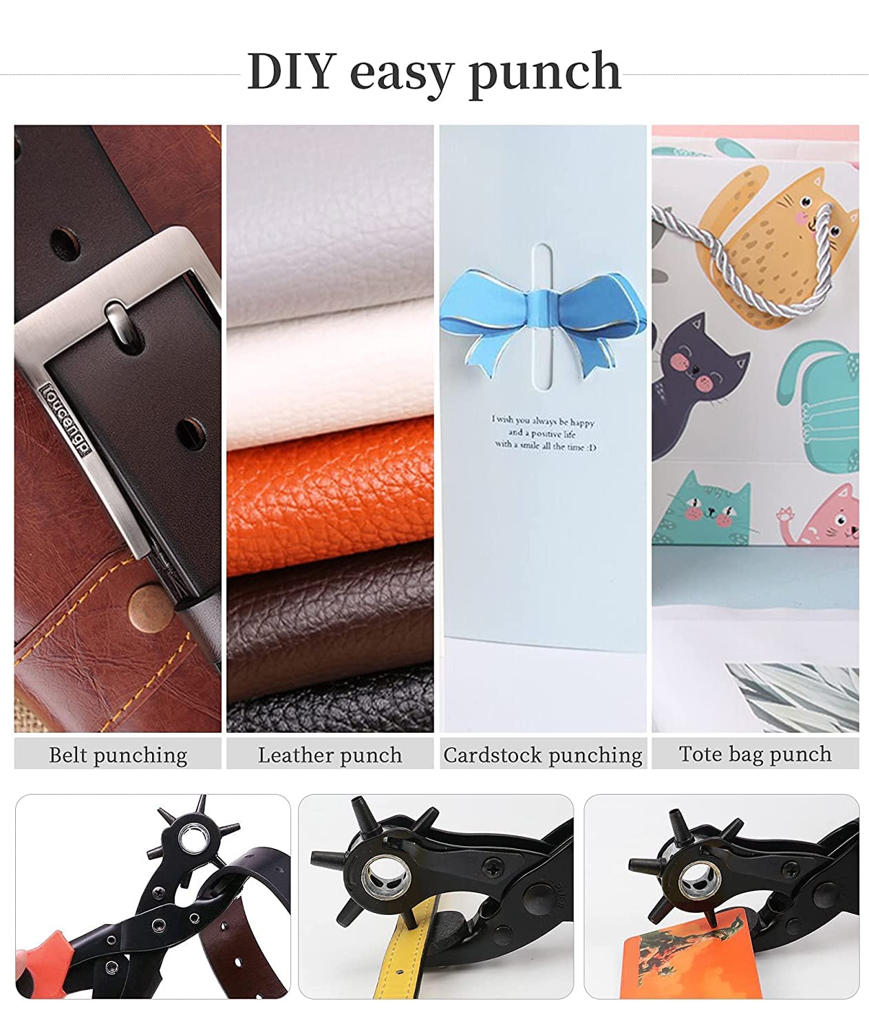 Leather Hole Punch, Belt Hole Puncher for Leather, Revolving Punch Plier Kit, Leathers Puncher Plier for Belts, Watches, Handbags, Punch Tool Diameter: 4.5/4 /3.5/3/2.5/2mm.