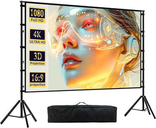 Outdoor Projector Screen with Stand,120 inch Portable Heavy Duty Bracket Large Projector Screen 16:9 4K HD Rear Front Projection Movie Screen with Carry Bag for Home Theater