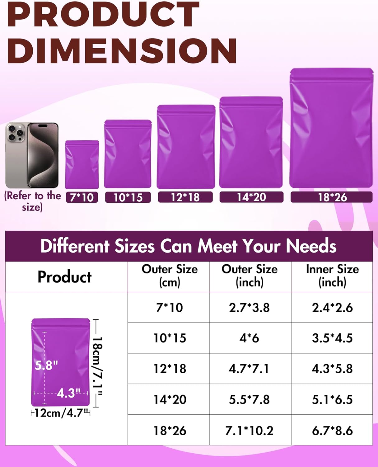 FireKylin 100 Pack Resealable Packaging Bags for Small Business Double-Sided Color Smell Proof Bags for Food Storage Flat Bag (Purple, 4.7" x 7.1")