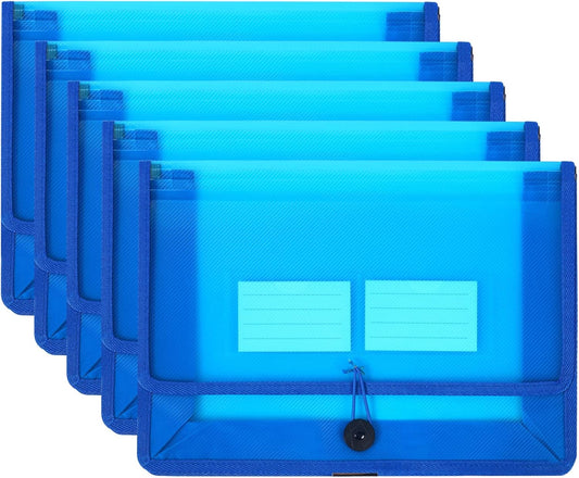 Eco-Friendly Plastic File Folders, 5 Pack Poly Expanding File Wallet, Expandable Envelope Organizer Document Folder with Elastic Band and Button Closure, with Small Two Pockets, Blue
