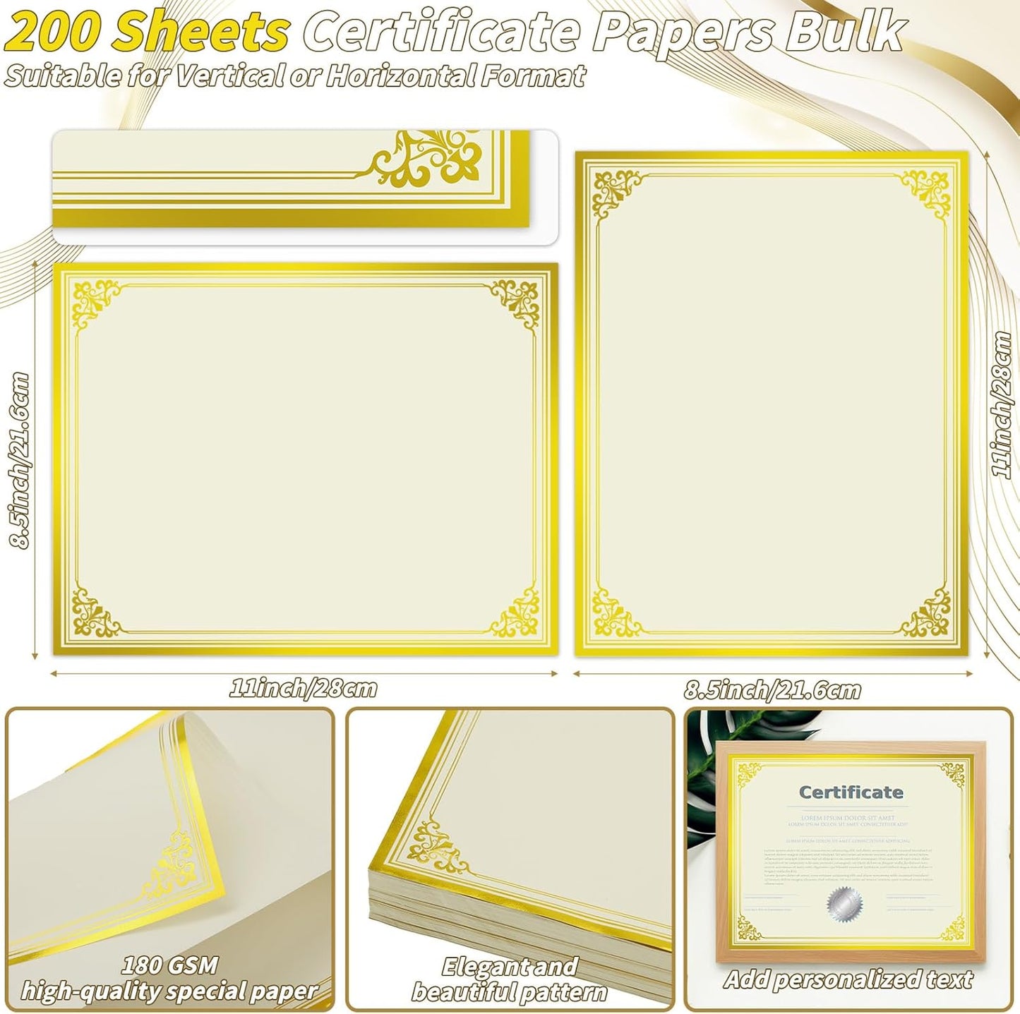 200 Sheet Gold Foil Award Certificate Paper Bulk 8.5 x 11 in for Printing Customizable Blank Cardstock Gold Border Certificate Laser and Inkjet Printer Friendly for Graduation Diploma Achievement