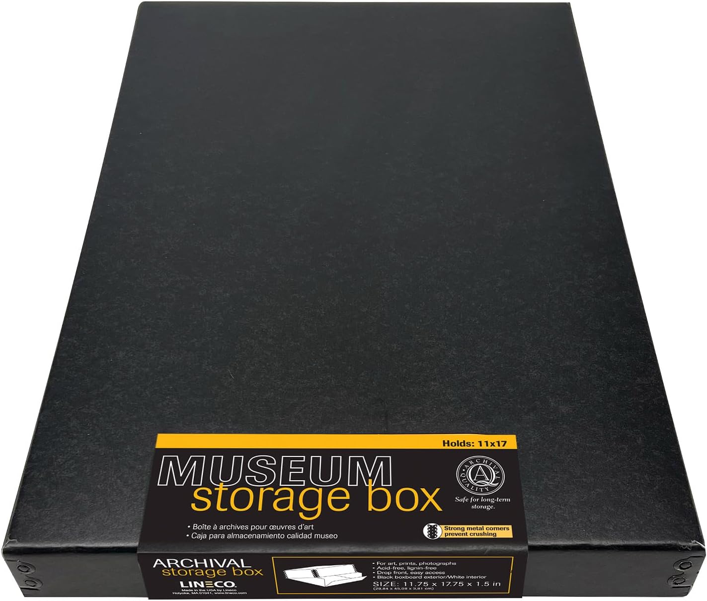 Lineco Museum Archival Storage Box, 11.75x17.75x1.5 in. Drop Front Design. Acid-Free with Metal Edge. Organize Photos, Pictures, Prints, Documents, Crafts, DIY. Black, 1 Pack