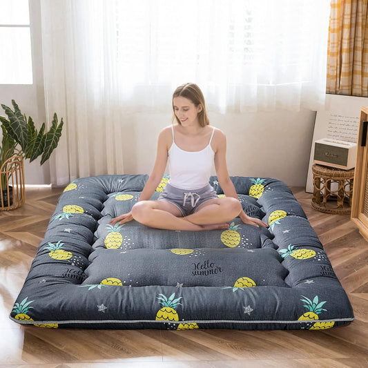 Grey Pineapple Japanese Floor Futon Mattress, Tatami Mat Portable Camping Mattress Kids Sleeping Pad Foldable Roll Up Floor Lounger Couch Bed, King Size