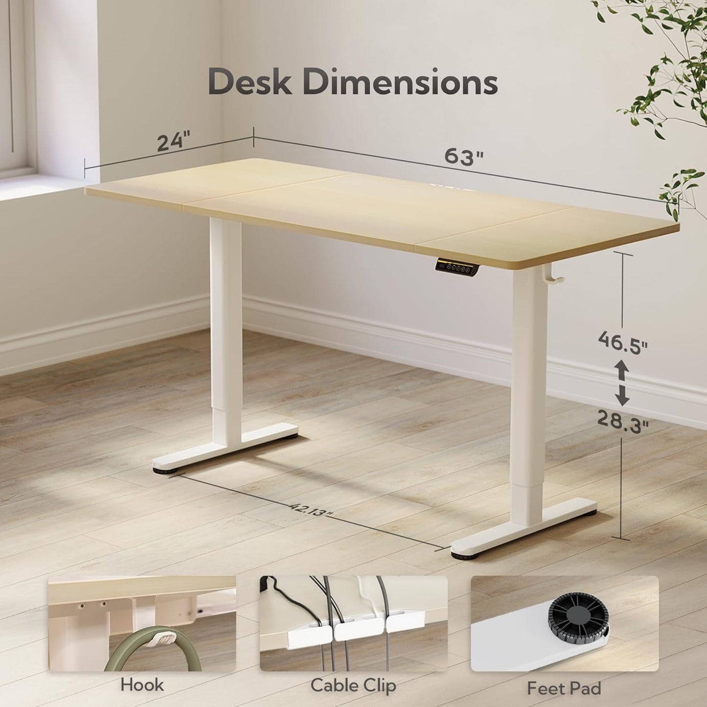 Claiks Electric Standing Desk, Adjustable Height Stand up Desk, 63x24 Inches Sit Stand Home Office Desk with Splice Board, White Frame/Nature Top