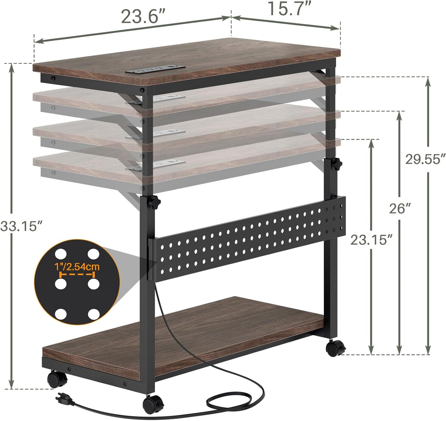 Computer Tower Stand with Power Strips, 4 Levels Manual Height Adjustable PC Tower Stand for Under Desk, Mobile Rolling CPU Holder, Computer Cart with Wheels, 24", Black Walnut