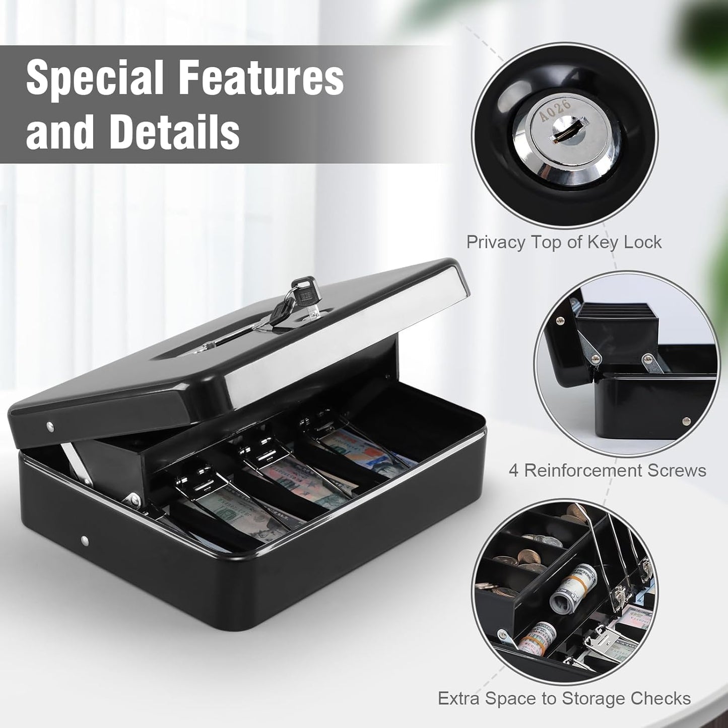 KYODOLED Locking Cash Box with Top Lock,Money Box with Cash Tray,4 Bill/5 Coin Slots,Lock Safe Box with Key,Money Saving Organizer,11.81Lx 9.45Wx 3.54H Inches,Black XL Large