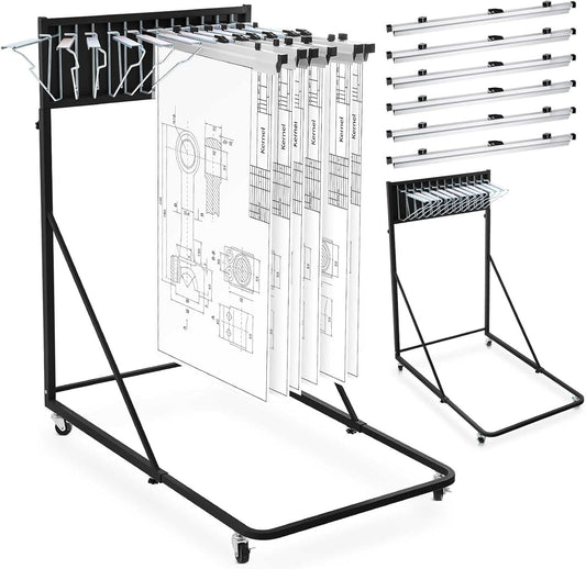 Estune Mobile Blueprint Holder Rack, Adjustable Mobile Blueprint Holder with 6 24 In Hanging Clamps 4 Wheels Poster Display Rack Storage Organizer Stand for File Display Plan Office Home(Black)