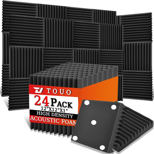 24 Pack Acoustic Panels – Sound Proof Foam Panels for Wall 12"x12"x1", Flame Retardant Wedge Acoustic Foam, High-Density Sound Absorbing Panels for Home Studio(Black, 1" Thick 24 Pack)
