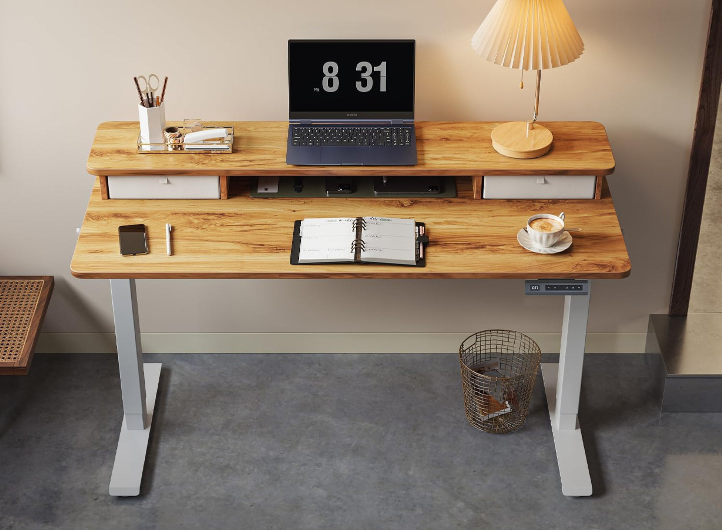 FEZIBO 63 x 28 Inch Deeper Height Adjustable Electric Standing Desk with Double Drawers, Sit Stand Up, Home Office Computer Desk with 4 Height-Adjustable Feets & 2 Hooks, White Frame/Light Rustic Top