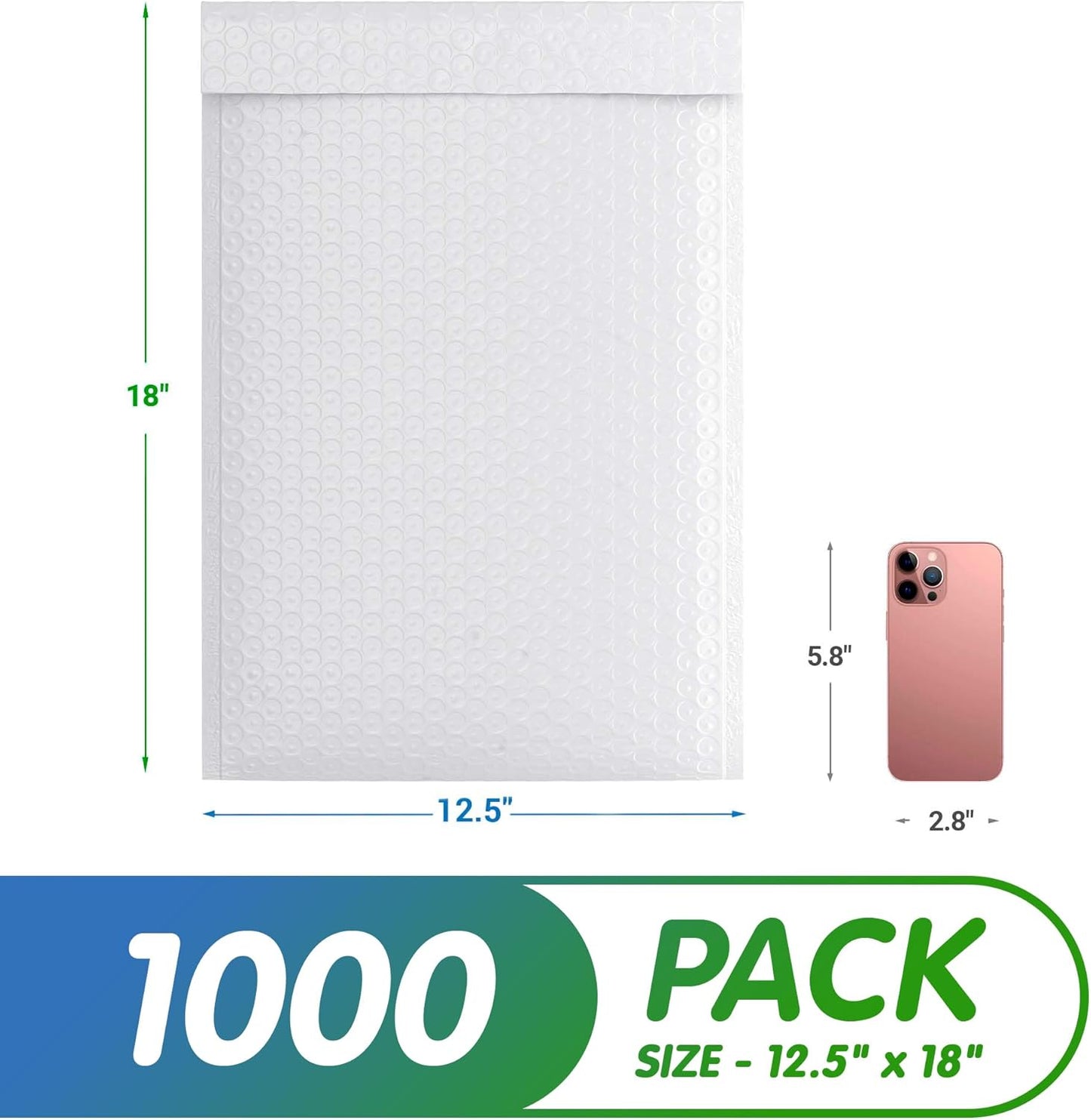 White Poly Bubble Mailers Self Seal, 12.5 x 18 Inch. Pack of 1000 Bubble Packaging Envelopes for Shipping. Durable Padded Envelopes Waterproof. Self Seal Padded Mailers. Shipping Packages
