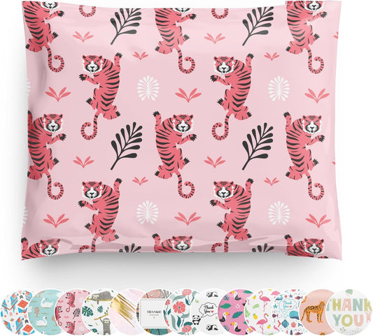 Poly Mailers 10x13 100 Pack | Self-Sealing Shipping Bags Envelopes for Small Business | Waterproof Durable Packaging | Tiger | Animal Pink Jungle Floral | à la mode Mailers