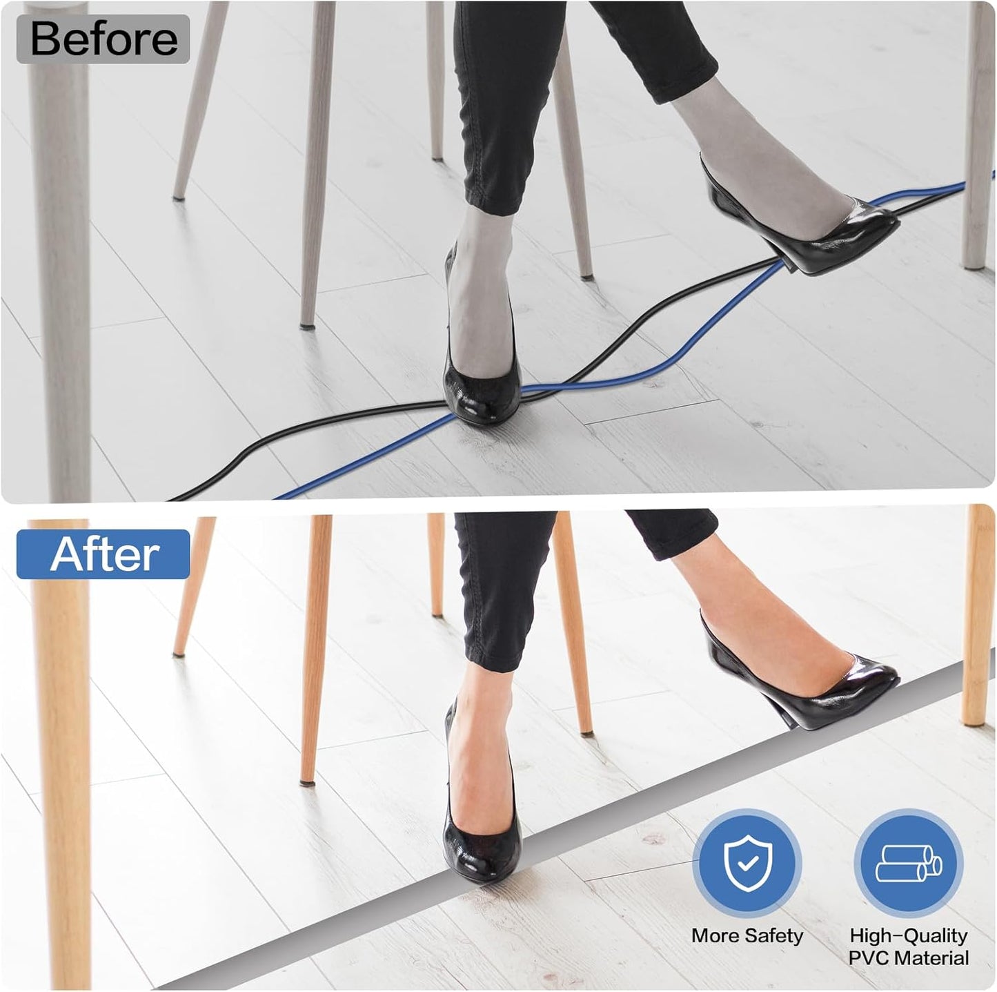 Floor Cord Cover Self Adhesive Cord Hider Floor Extension Cord Covers for Floor Power Cord Protector Cable Management Prevent Cable Trips Cable Cavity 0.51" W x 0.31" H (Grey, 10Ft)