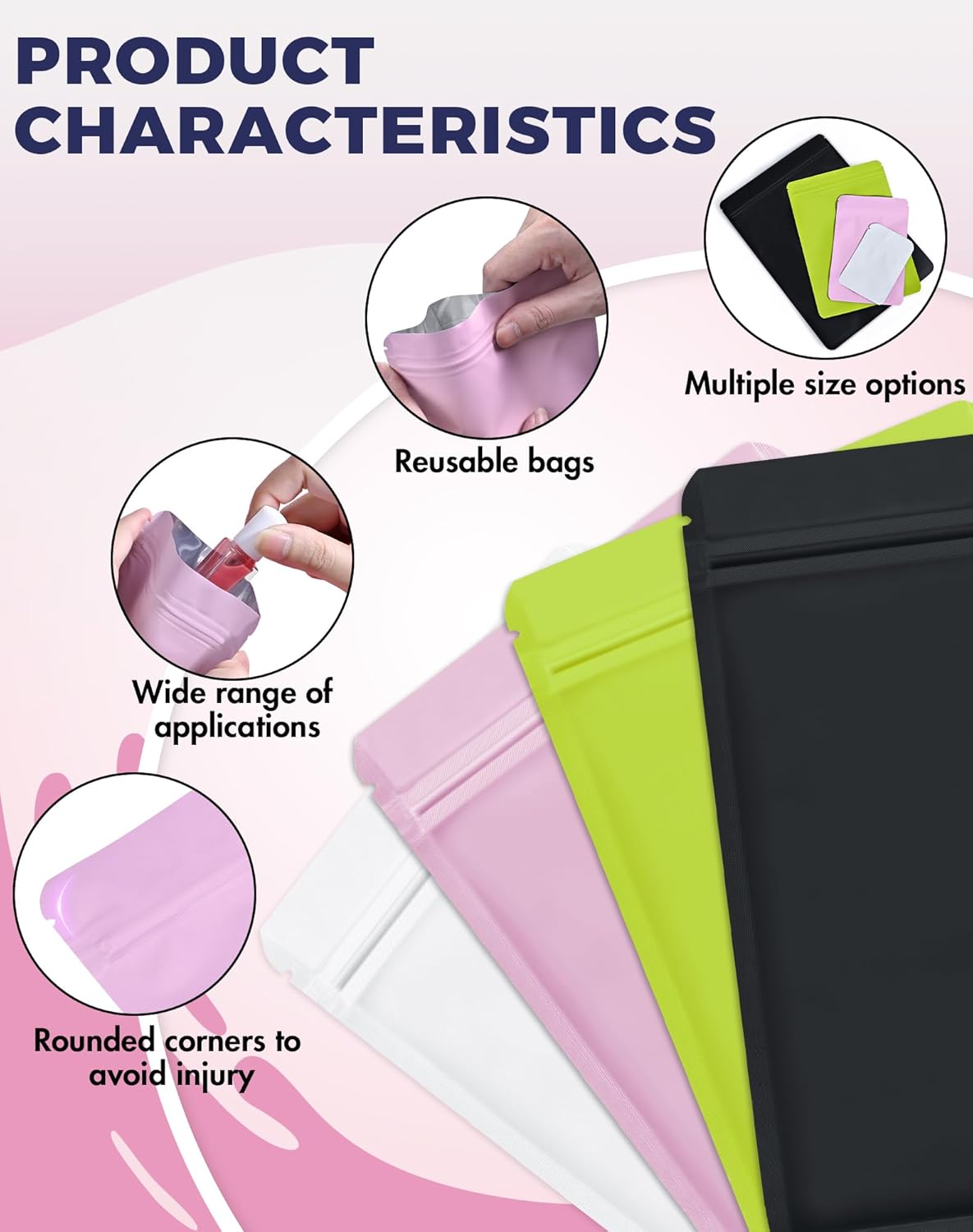 FireKylin 100 Pack Resealable Packaging Bags for Small Business Double-Sided Color Smell Proof Bags for Food Storage Flat Bags (Pink, 4" x 6")
