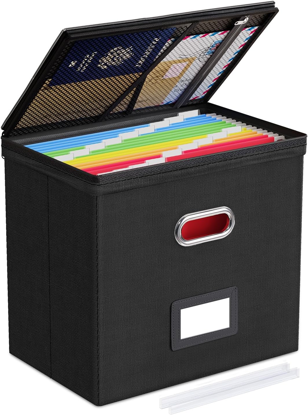 Oterri 1 Pack File Organizer Boxes with Lids, File Box with Mesh Pockets, Document Organizer Box for File Folders Letter Size, Zippers Filing Box for Home, Office, School (Black, Without Folders)