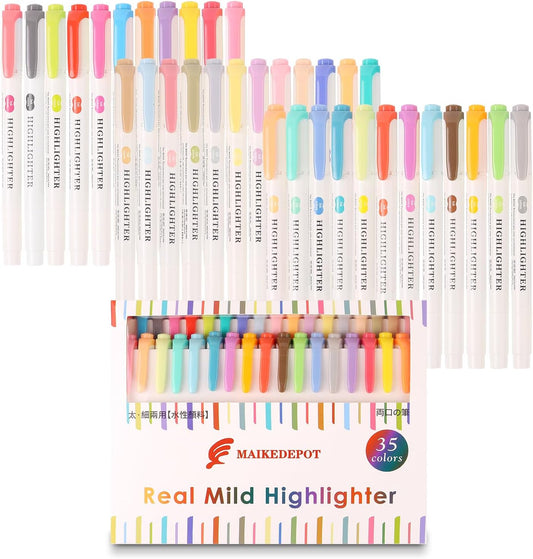 Assorted Colors Highlighters, Pastel Highlighter Real Mild Markers Dual Tip Highlighter Markers Chisel and Fine Tips for Coloring, Underlining, Highlighting (35colors)