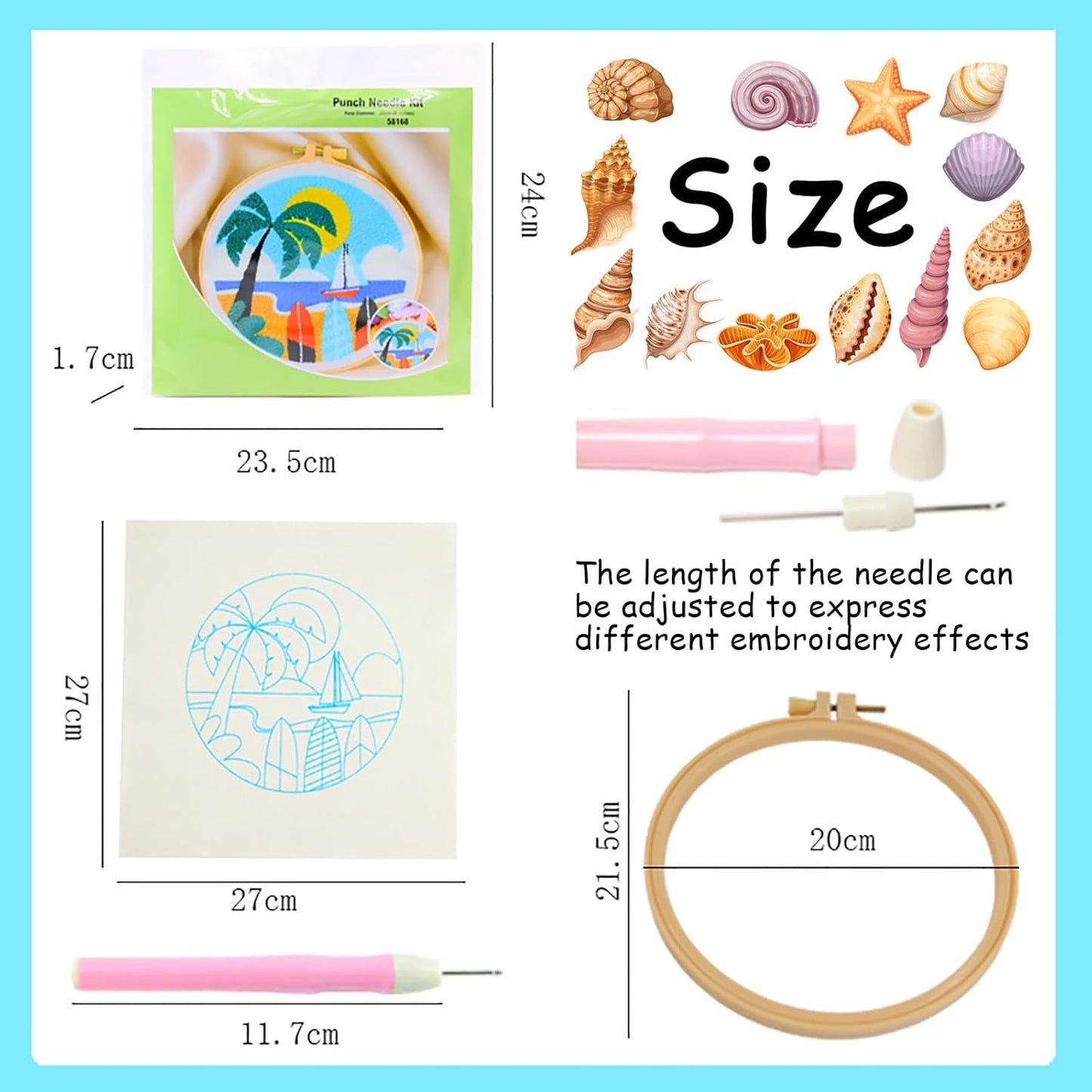 ILYUFO Punch Needle Kits Adults Beginner DIY Dreamy Beach Style 8 in Hoop Embroidery Set Starter Punch Needle Tool for Art Crafts, Ideal for All Ages, Perfect Festival Decoration & Gift (Surf)
