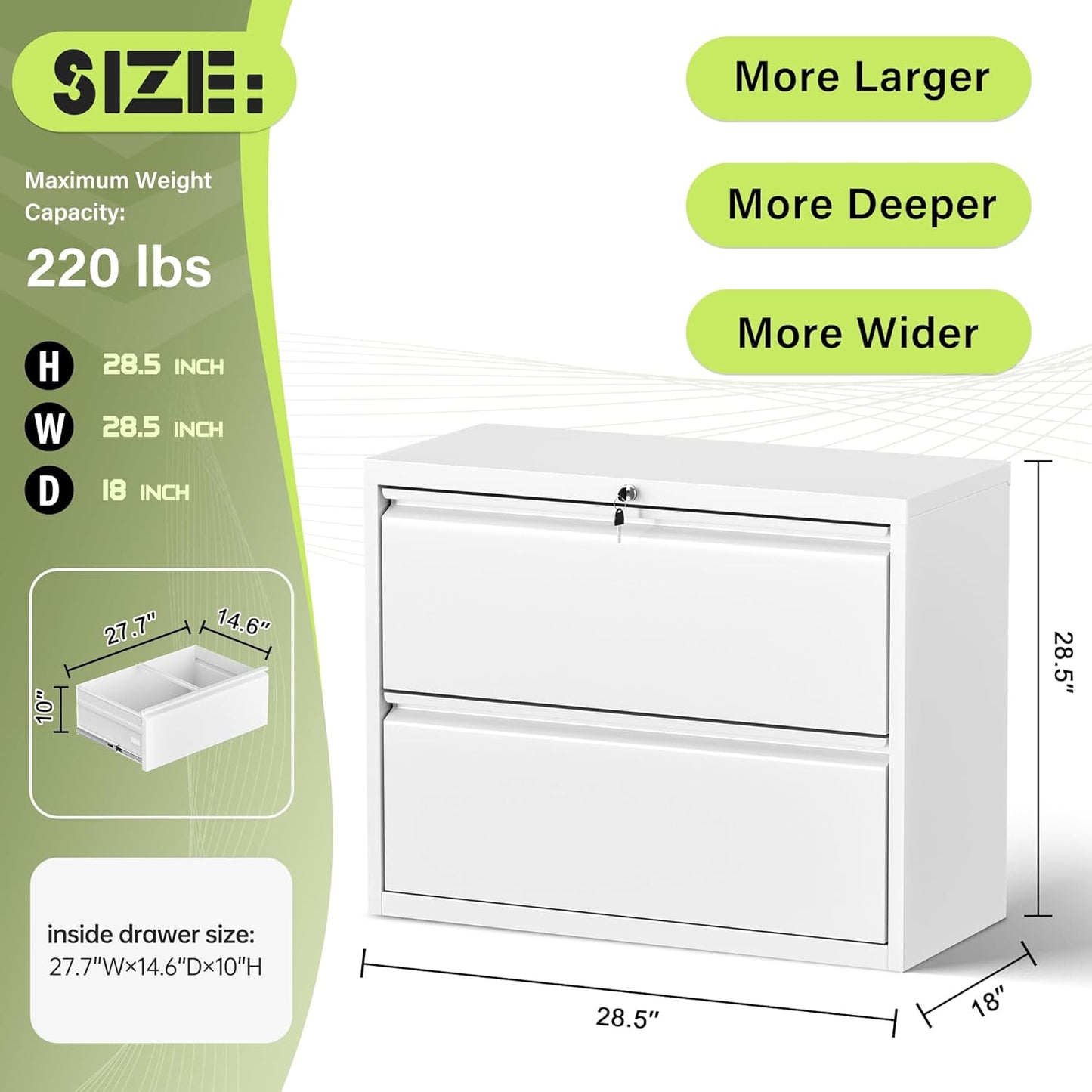 Crownland Lateral File Cabinet with 2 Drawers, 28" W Metal Lockable Office File Cabinets for Home Office- Stores Letter/Legal/A4/F4 Files(White)