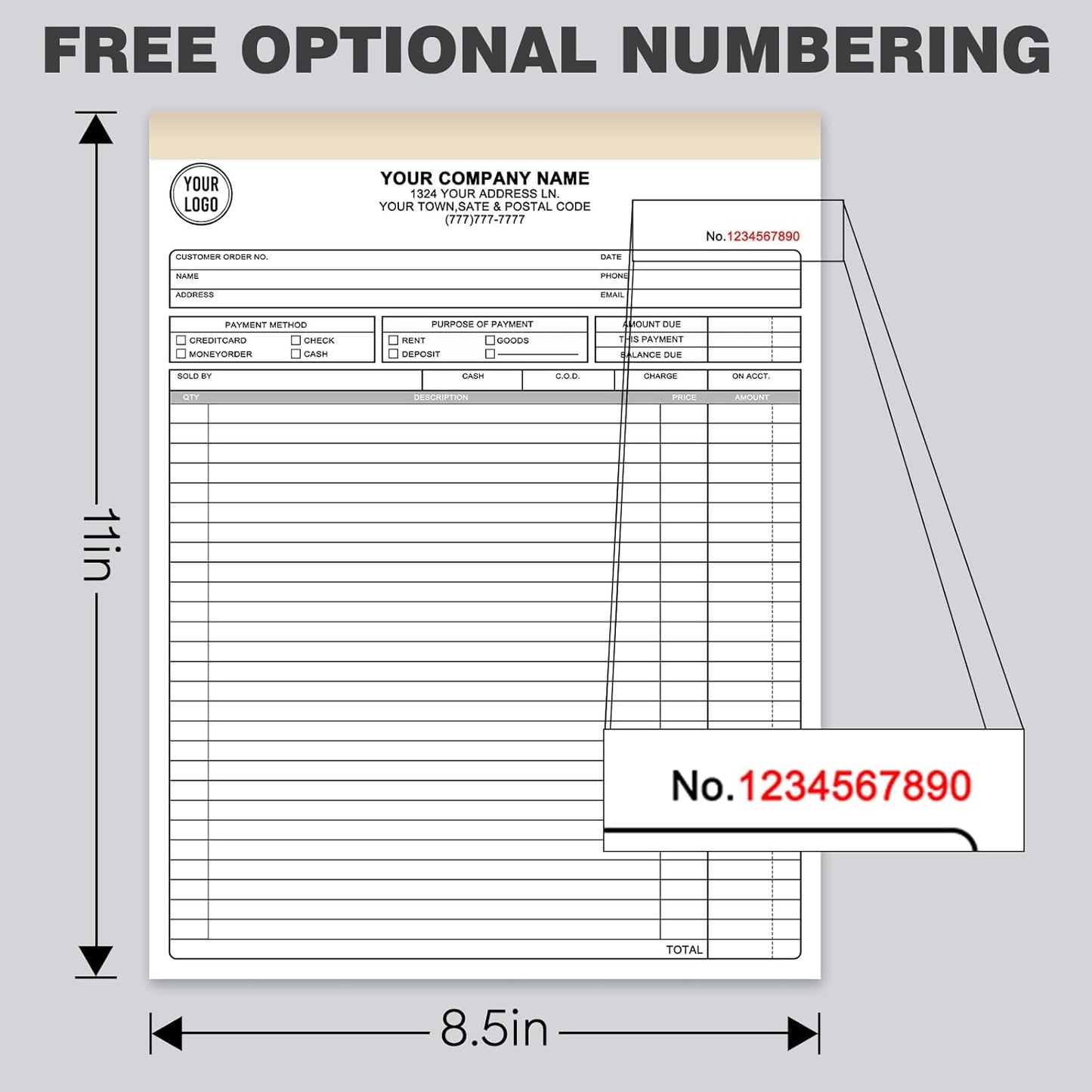 Custom Invoices Receipt Book for Small Business Personalized 3-Part Duplicate Carbonless Logo Receipt Books Sales Payment Forms with Company Name Address Phone Number 100 Sets 8.5" x 11"