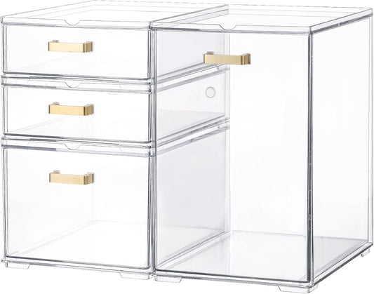 4Pack Stackable Storage Drawers, Clear Plastic Organizer Bins for Bathroom and Office Organization, Perfect for Cosmetic, Beauty Supplies, Accessories