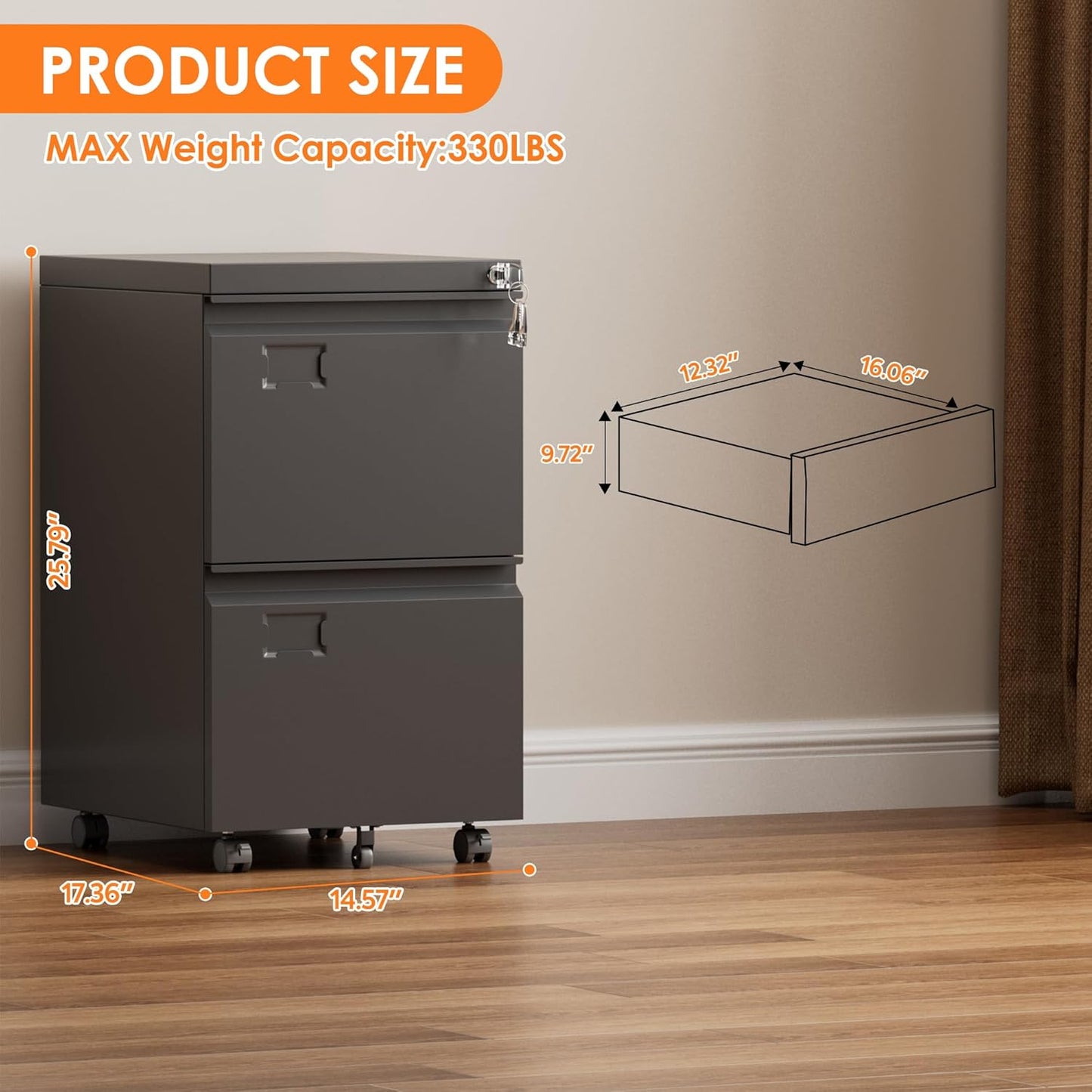 2 Drawer Mobile File Cabinet, Under Desk Drawer with Lock Name Card Holder for Home Office, Metal Filing Cabinet for Legal/Letter Size, Assembly Required