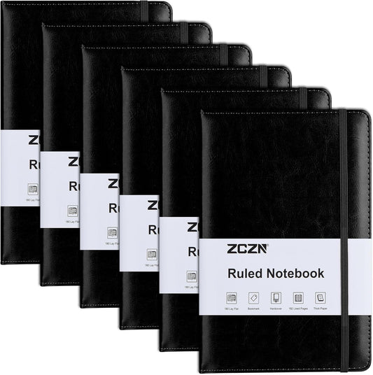 ZCZN Lined Journal Notebooks for Work, 5.5x8.3 in, 192 Pages, Hardcover Leather A5 Journals for Writing, Diary & Travel, College Ruled Journaling Notebooks for School, Office, Home (Black*6)