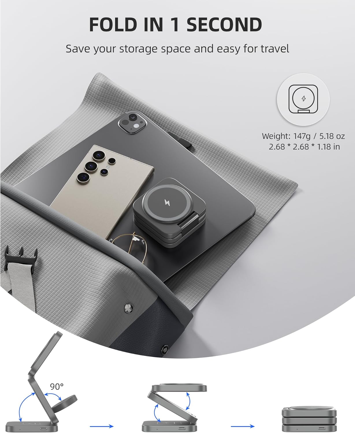 Foldable 3 in 1 Wireless Charging Station for Samsung, KU XIU X55 Ultra Magnetic Travel Charger Stand for Galaxy S24 Ultra S23 S22 Note 20 Z Fold Flip 6 5, Galaxy Watch Ultra 7 6 5, Galaxy Buds, Gray