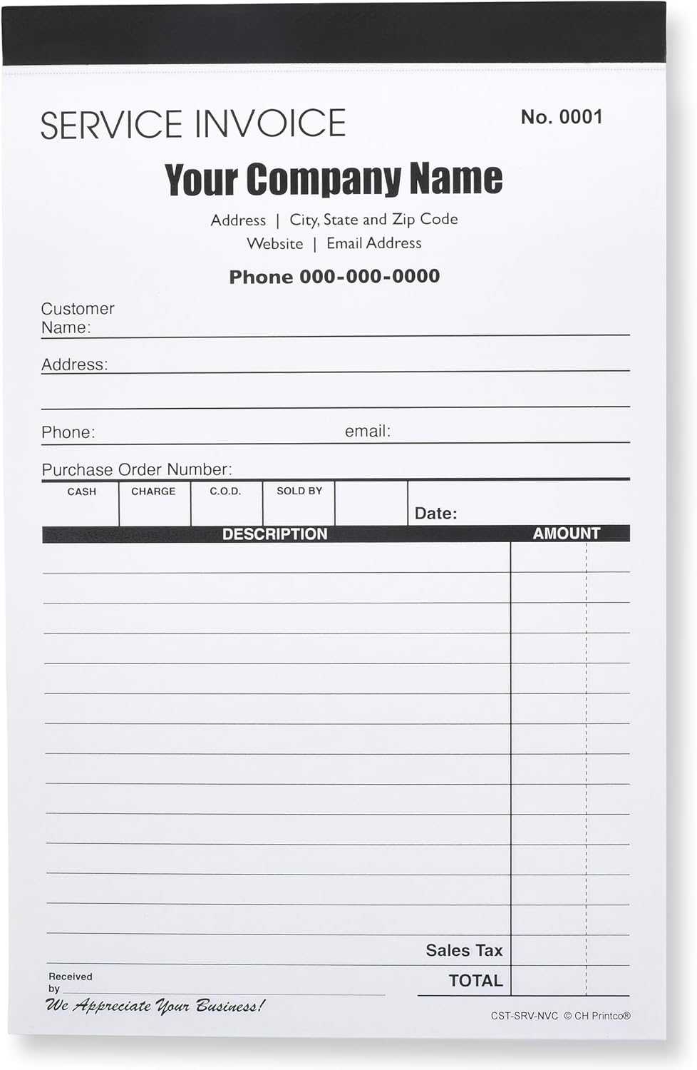 Custom Service Invoice Carbonless Form with Your Company Name - 2 Books (100 Sets) Numbered