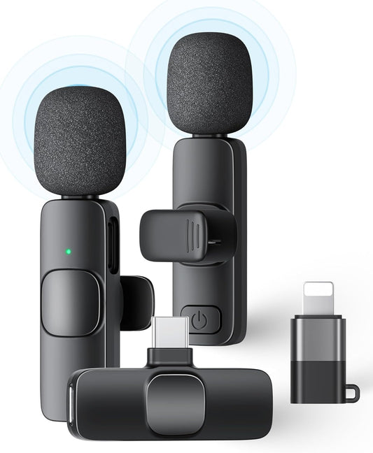 2 Pack Wireless Lavalier Microphone for iPhone iPad and Android Phone, Lapel Mic Plug and Play Wireless Mic Noise Reduction Mini Microphone for Video Recording Interview Podcast Vlog YouTube Tiktok