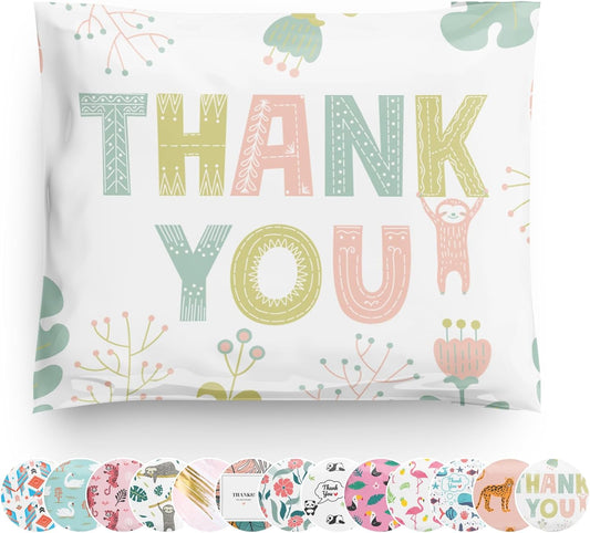 Poly Mailers 10x13 100 Pack | Self-Sealing Shipping Bags Envelopes for Small Business | Waterproof Durable Packaging | Thank You | Sloth Floral Pink Animal | à la mode Mailers