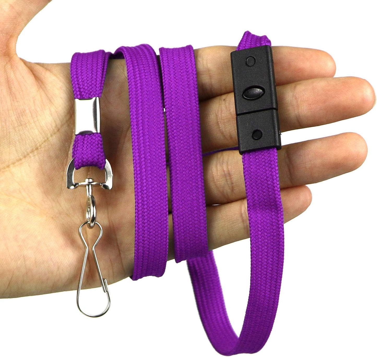 Safety Breakaway Lanyard with J-Hook Flat Lanyards for ID Badges - Bulk Pack of 50 (Purple)